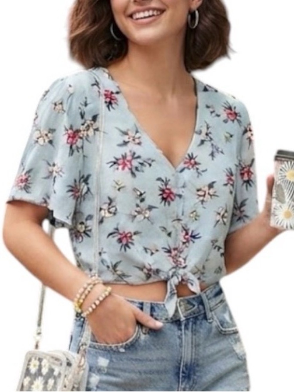 ARDENE Boho Coquette Mint Woven Tie-Front Crop Blouse S